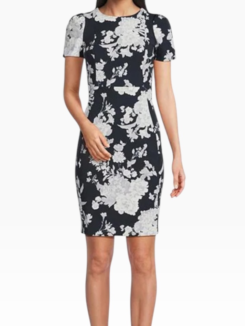 Calvin Klein Dark Navy with White Floral Short Sleeve Sheath Dress 16